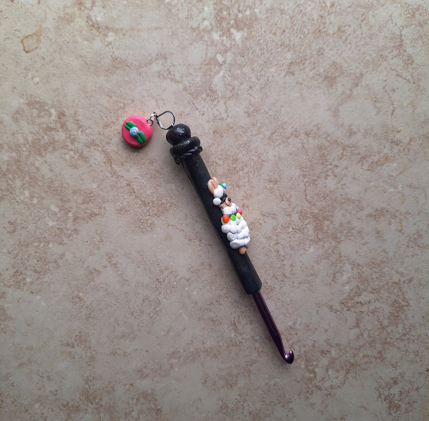Polymer clay colorful llama crochet hook with stitch marker
