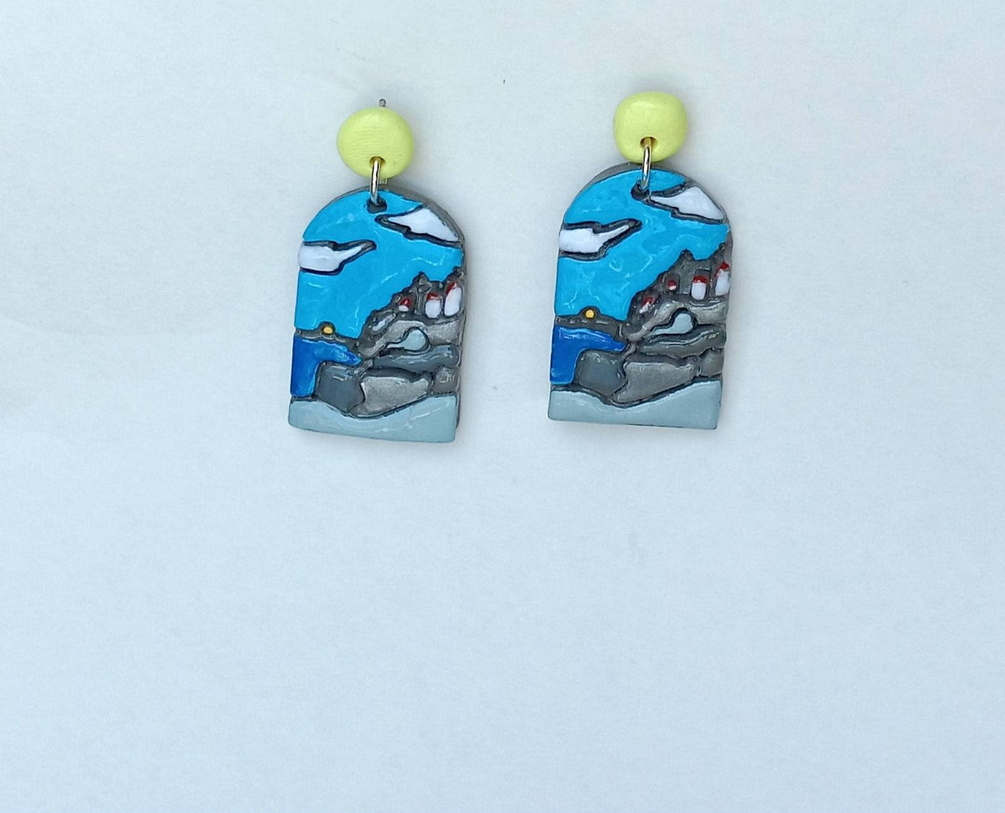 Kawaii landscape skyline earrings / polymer clay acadia national park dangle earrings / clay Acadia jewelry / landscape trees earrings