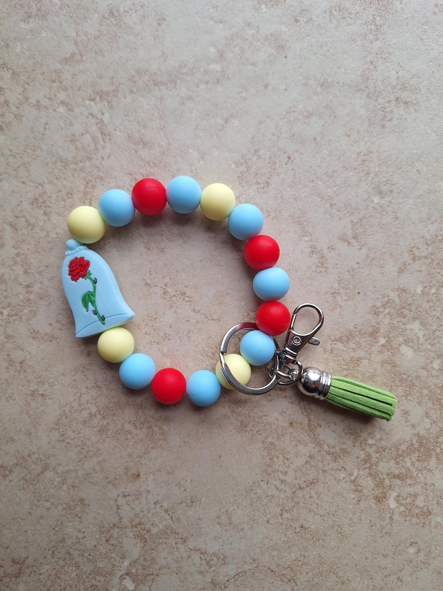 Silicone beaded wristlet keychain / rose silicone beaded wristlet keychain /  red rose floral bag accessories key chain
