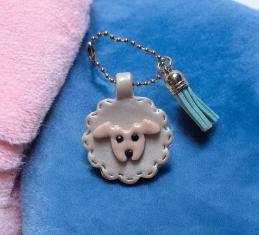 Polymer clay lamb sheep faux leather look stitch style keychain / cute clay sheep bag accessories key chain