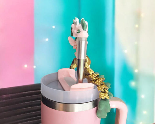 3D articulated metallic gold baby kaida dragon straw cap / 3d printed dragon animals / pink green dragon straw topper cover Fidget figurines