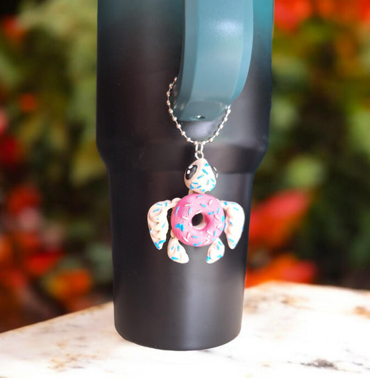 3D articulated pink frosted donut turtle tumbler handle charm / 3d printed turtle animal donut crystal turtle tumbler charm Fidget