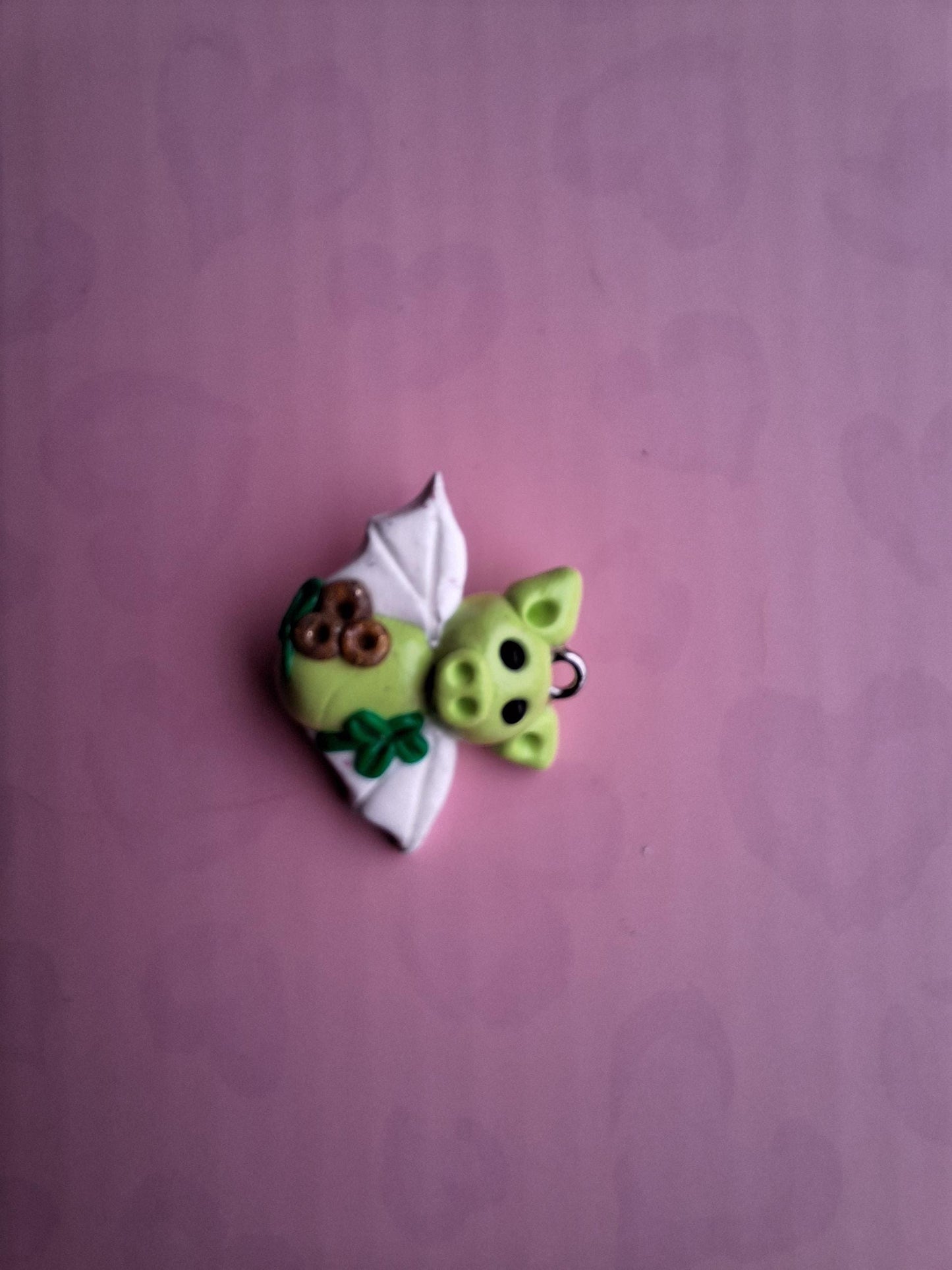 Kawaii lucky clover shamrock bat charm / polymer clay holiday charms / clay charm jewelry / bat charm stitch marker progress keeper