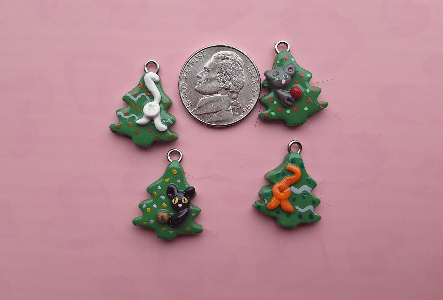 Kawaii cat in Christmas tree charms clay tree charms / jewelry holiday charms / pine tree charms / snow charms progress keeper stitch marker