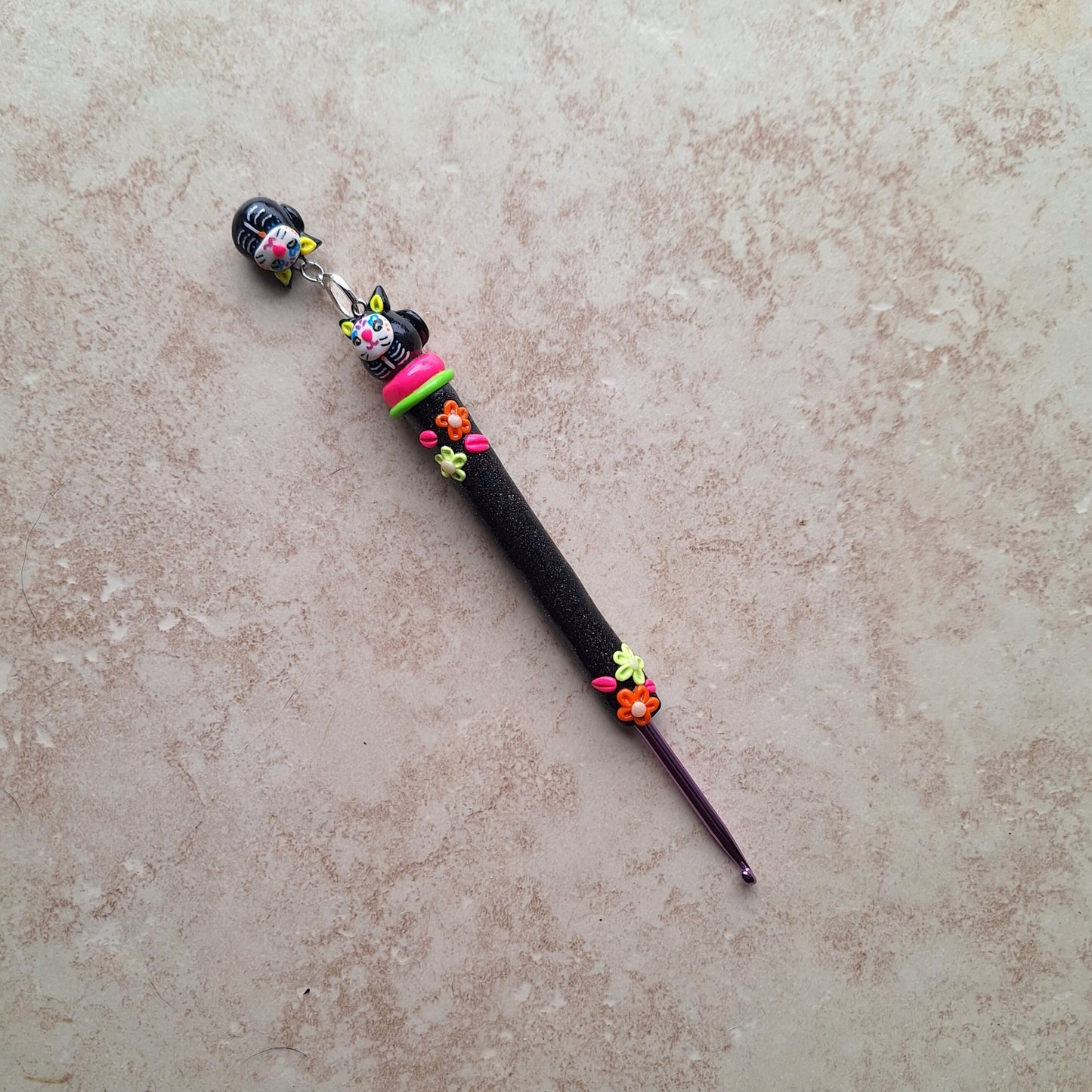 Polymer clay sugar skull kitty cat day of the dead crochet hook