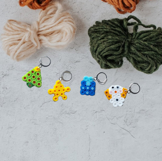 Stitch markers set 4 christmas bundle / tree star snowman present perler bead set of four holiday cuties progress keeper pixel style