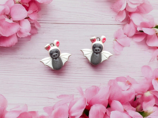 Kawaii bunny rabbit bat charm / polymer clay holiday charms / clay charm jewelry / bat charm stitch marker progress keeper
