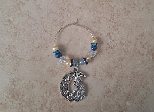 faux pearl blue Celtic moon wolf silvertone charm tumbler accessories tumbler charm buddy / beaded howling wolf cup handle charm