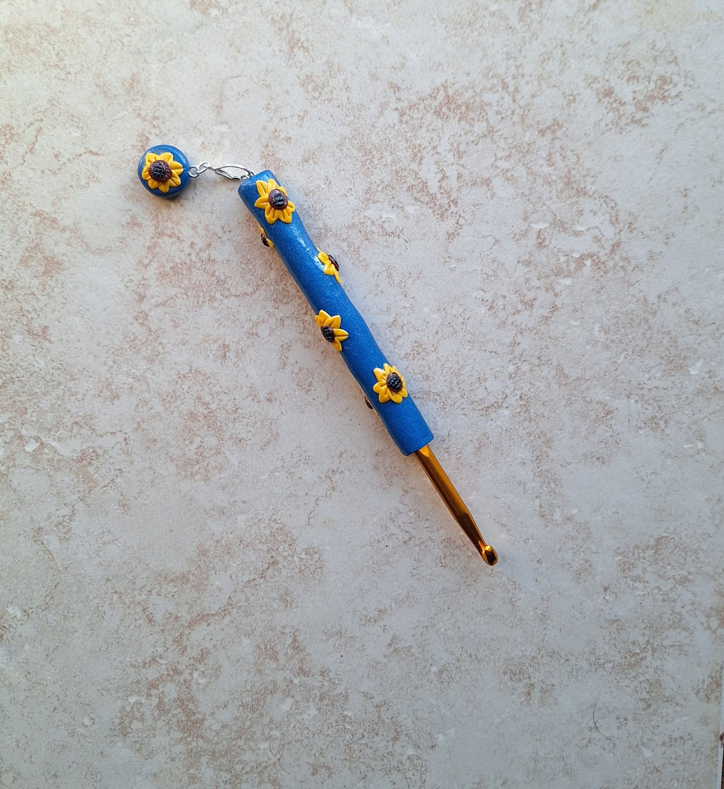 Polymer clay fall floral sunflower on blue crochet hook