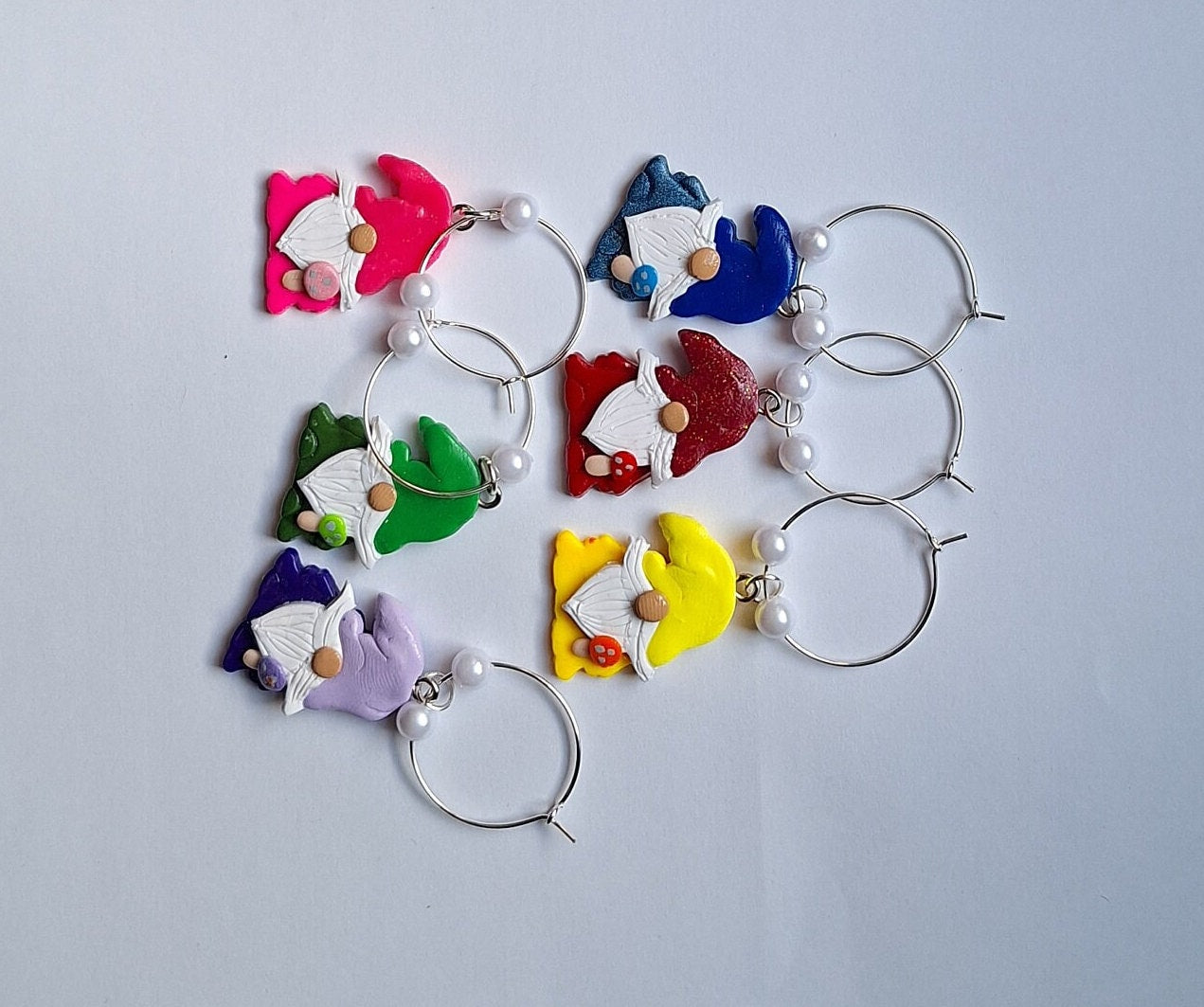 Set of 6 gnome mushroom wine charms / fairy toadstool wine charms / 6 set polymer clay colorful gnome wine charms