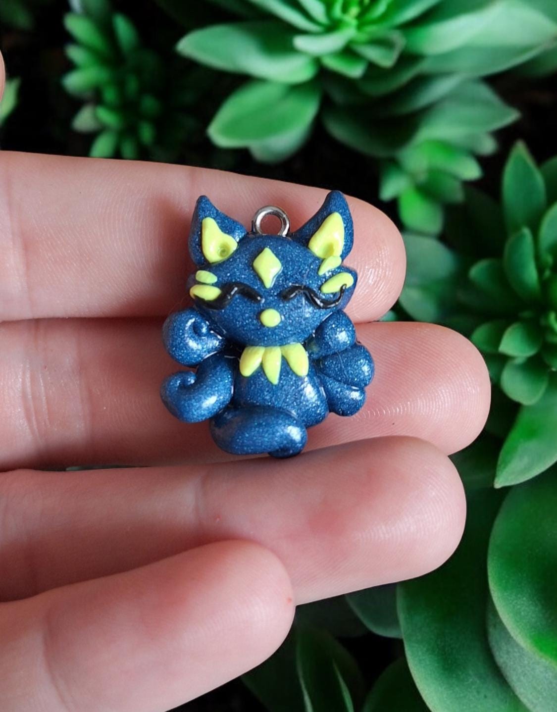 Clay blue yellow star celestial kitsune fox  charms / polymer clay kawaii fox animal charms stitch marker progress keeper notions