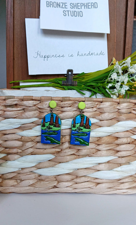Kawaii alligator crocodile earrings / polymer clay everglades landscape dangle earrings / clay croc gator jewelry / landscape trees earrings