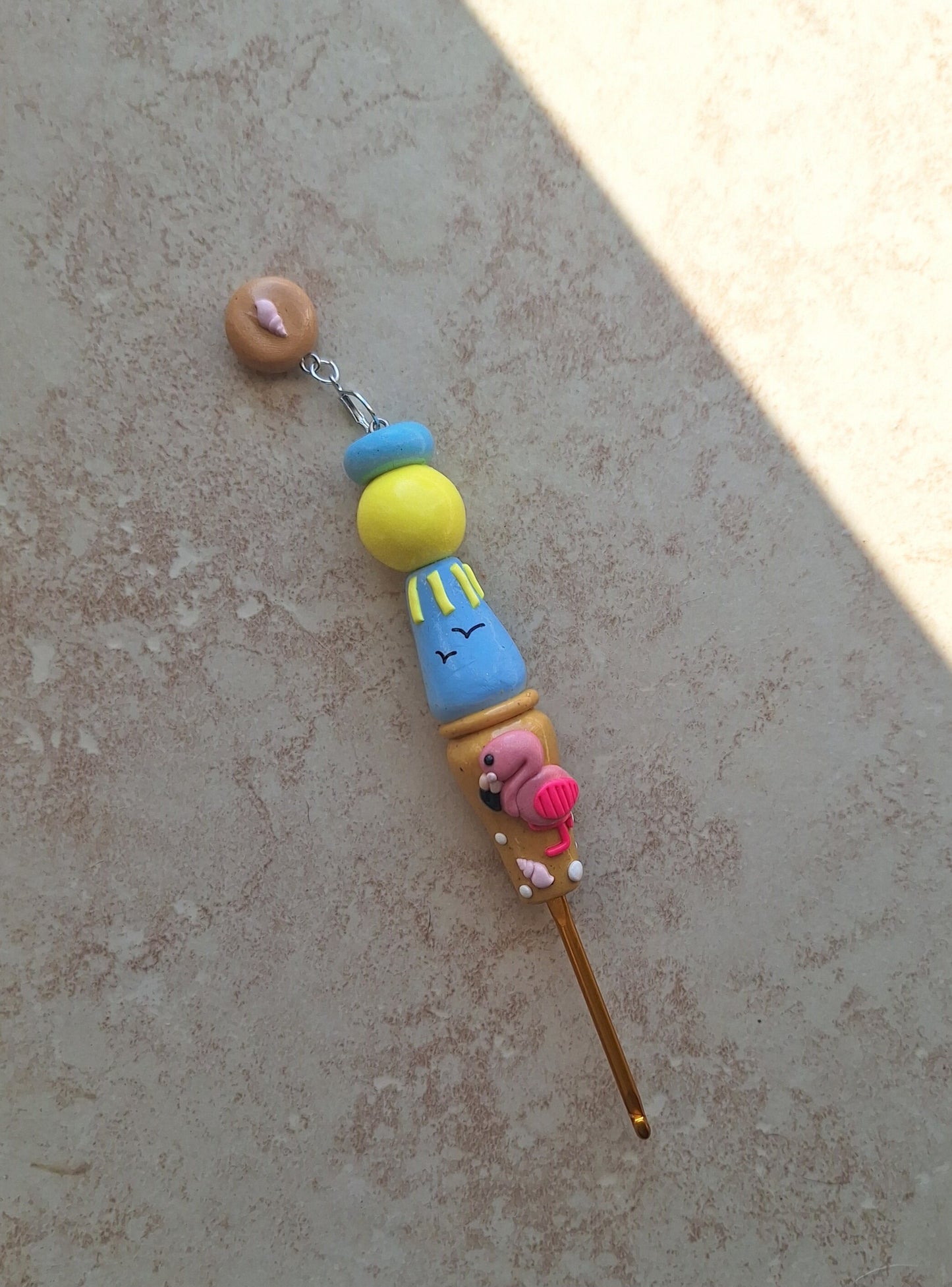 Polymer clay Beach scene flamingo crochet hook with stitch marker
