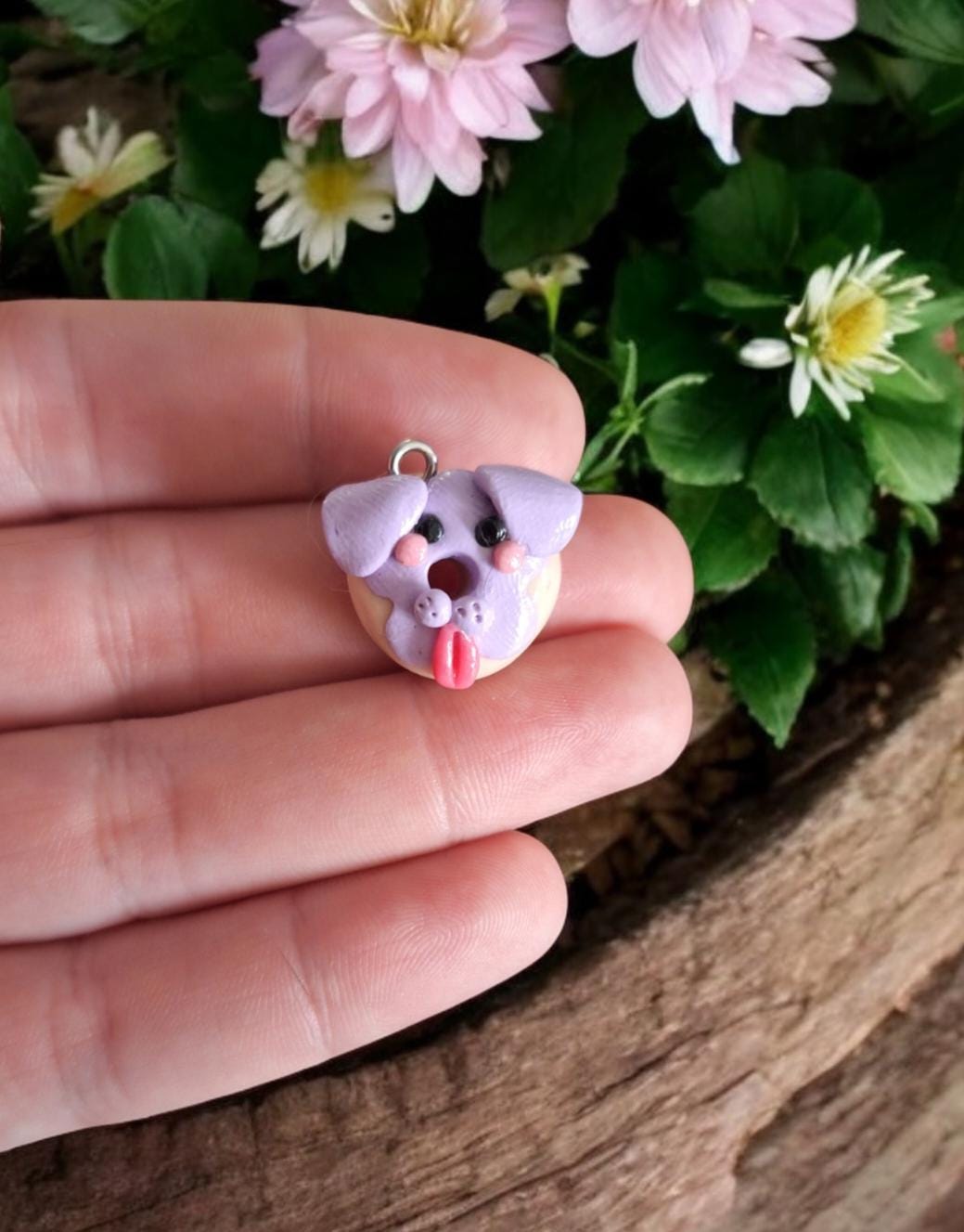 Polymer clay lavender puppy dog donut charms / polymer clay doggy charms / kawaii donut animal charm stitchmarker progress keeper notions
