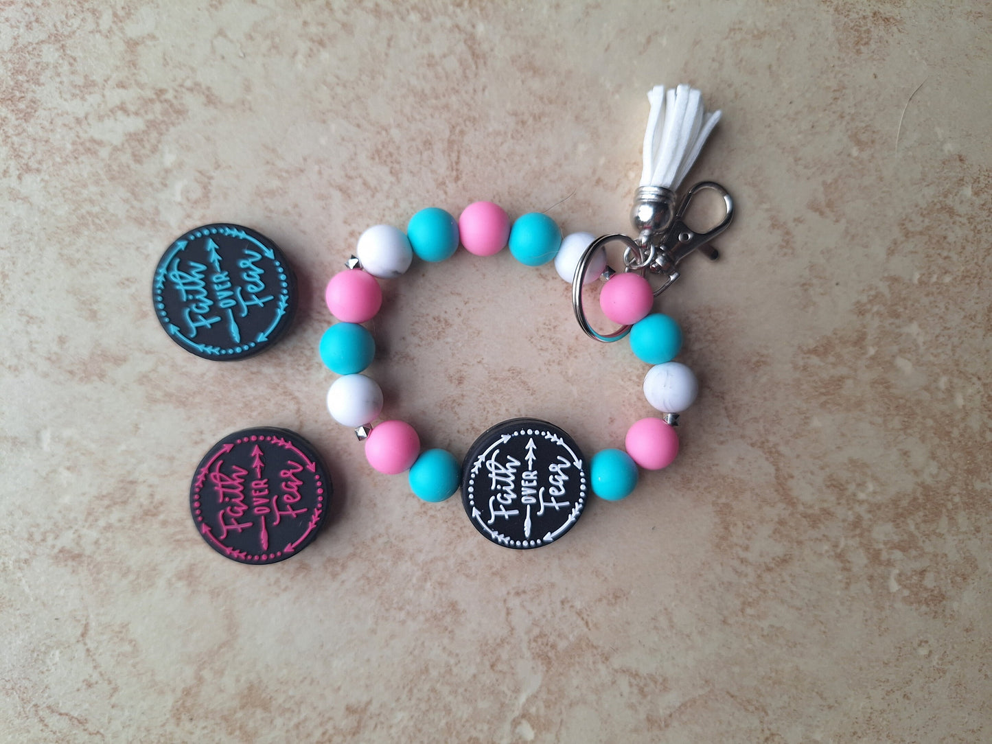 Silicone beaded wristlet keychain / faith over fear silicone beaded wristlet keychain / religious faith bag accessories key chain gift
