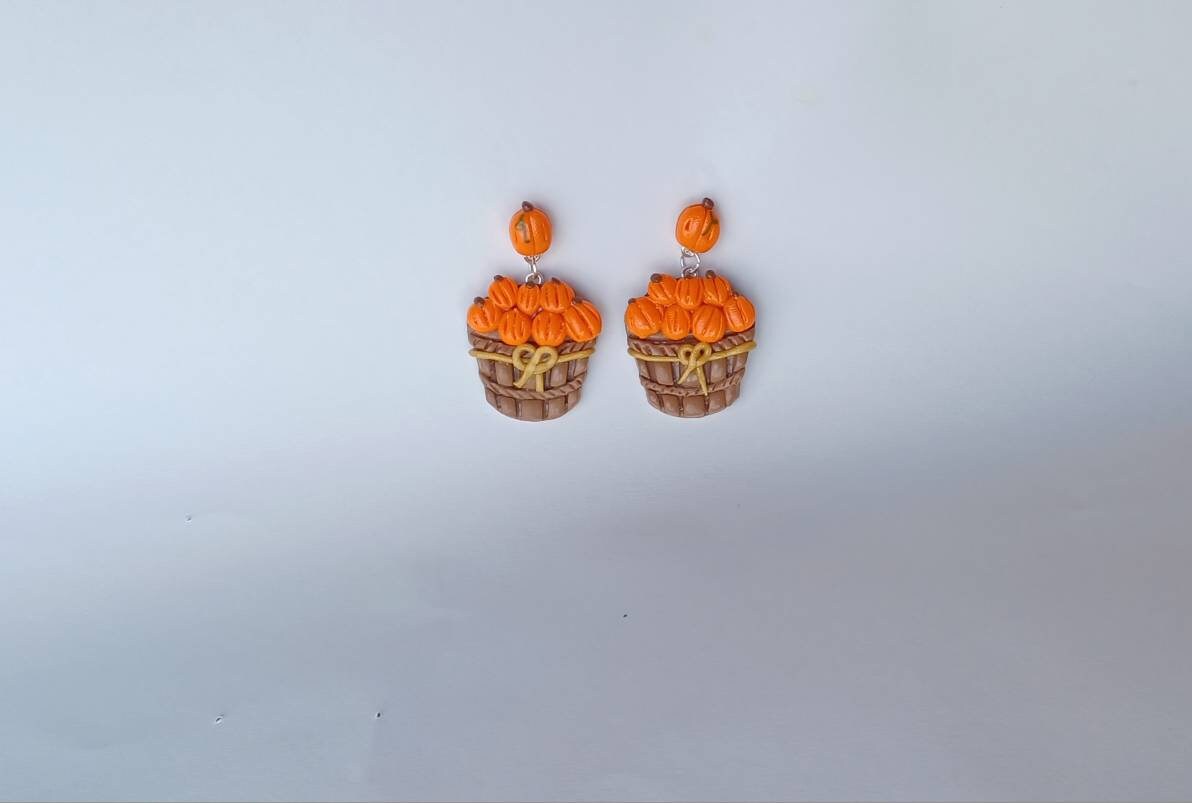 Kawaii pumpkin earrings / polymer clay pumpkin orchard basket stud dangle earrings / kawaii pumpkin fall jewelry / clay autumn earrings