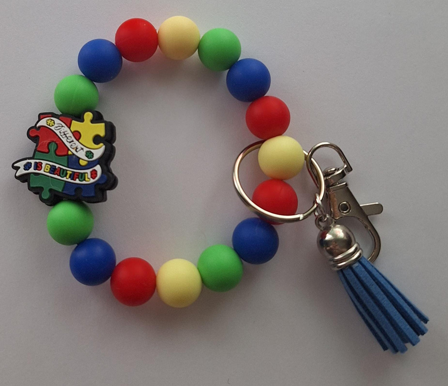 Silicone beaded wristlet keychain / different is beautiful silicone beaded wristlet keychain / autism bag accessories key chain