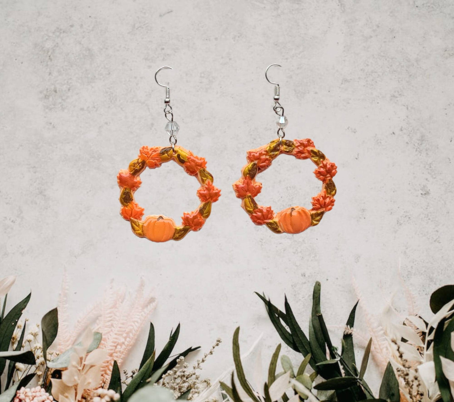 Kawaii halloween fall pumpkin wreath earrings / polymer clay holiday earrings / Thanksgiving holiday jewelry / clay harvest wreath earrings