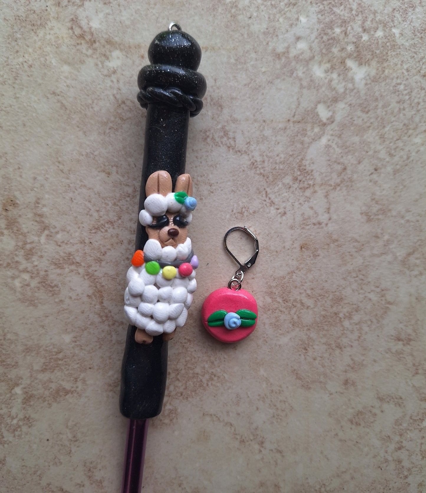 Polymer clay colorful llama crochet hook with stitch marker