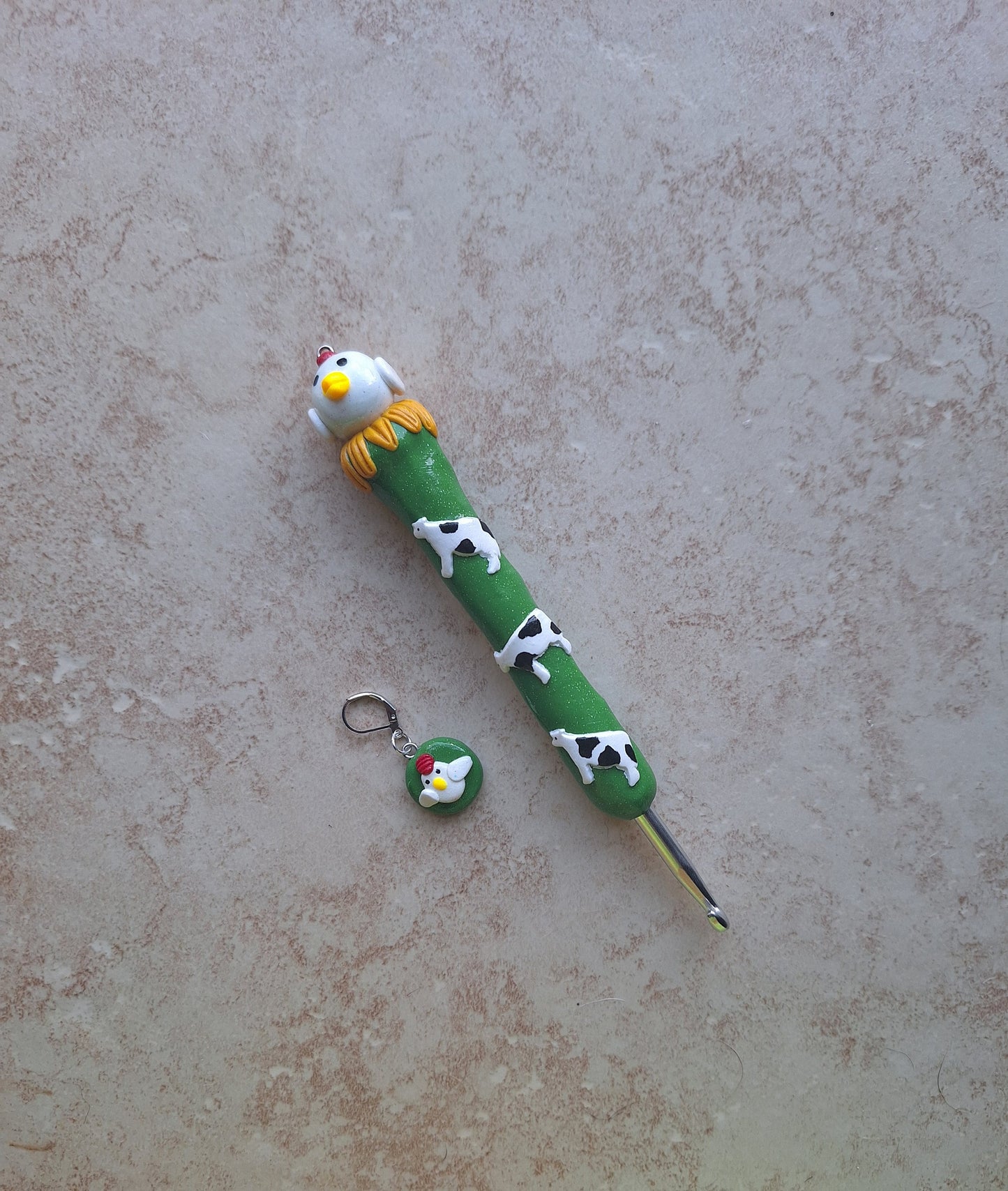 Polymer clay cute cow chicken crochet hook with stitch marker