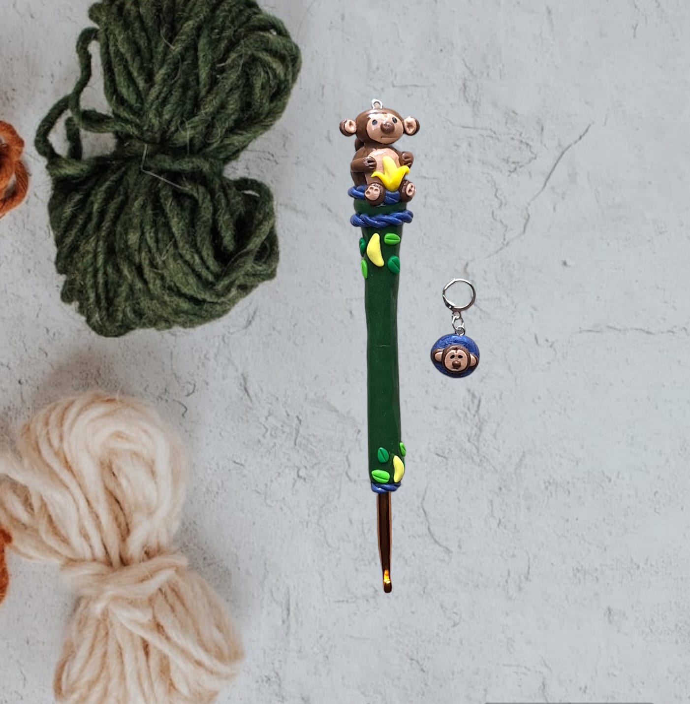 Polymer clay monkey banana jungle crochet hook with stitch marker
