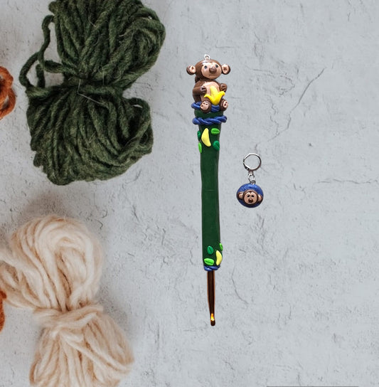Polymer clay monkey banana jungle crochet hook with stitch marker