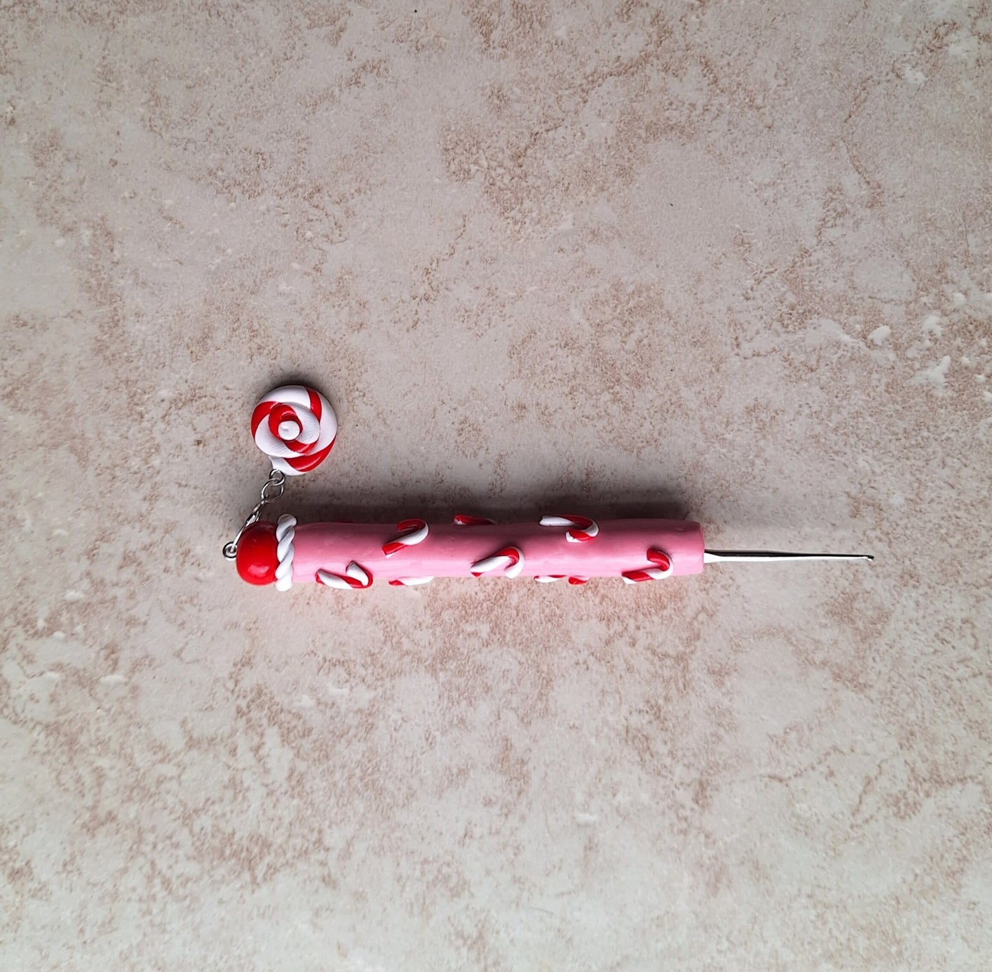 Polymer pink peppermint candy Christmas holiday crochet hook
