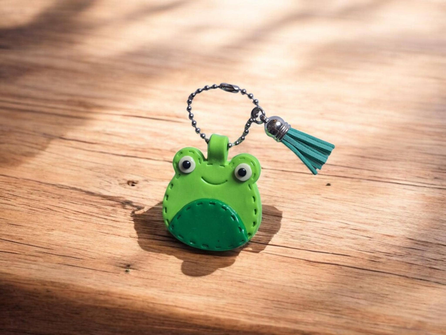 Polymer clay green frog faux leather look stitch style keychain / cute clay frog bag accessories key chain