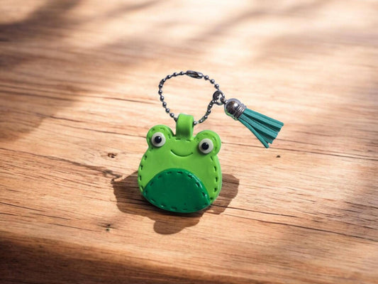 Polymer clay green frog faux leather look stitch style keychain / cute clay frog bag accessories key chain