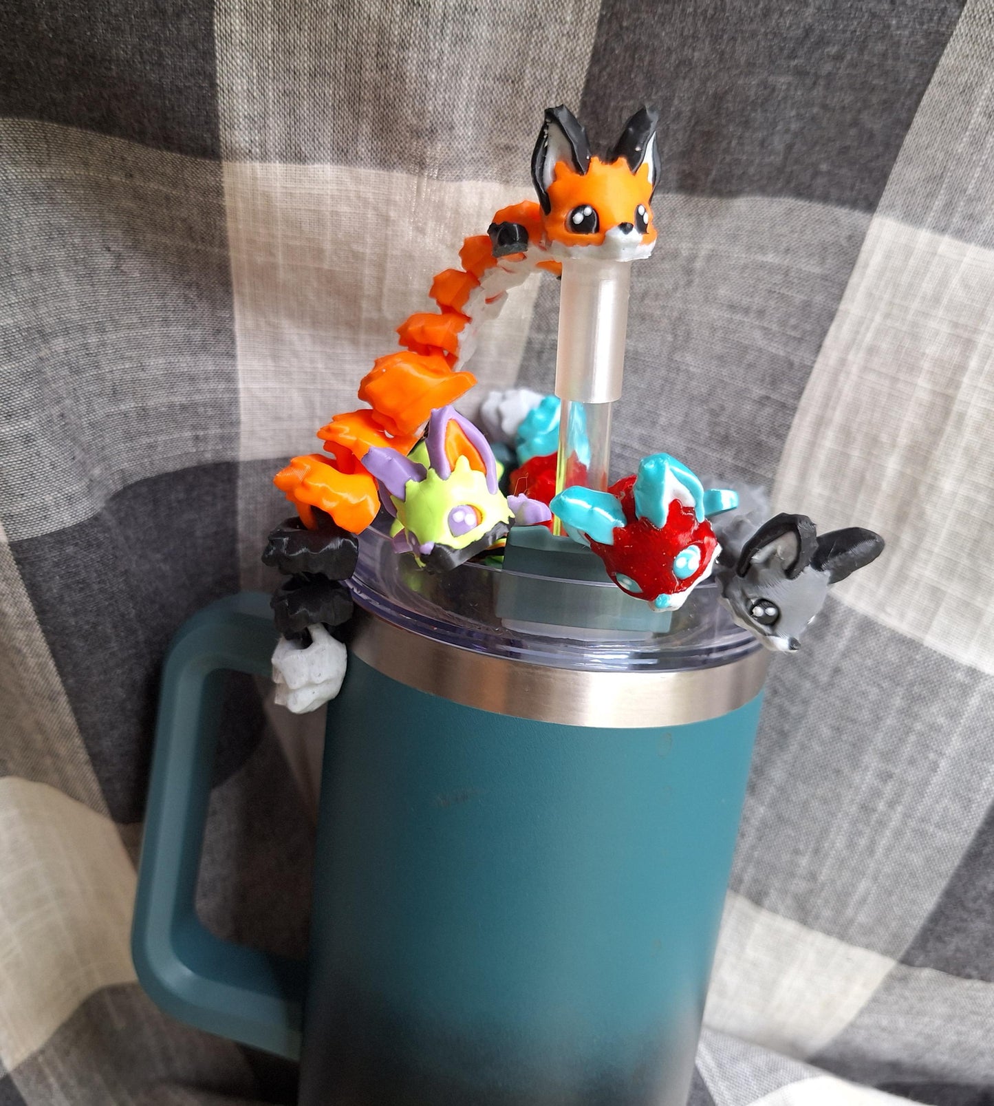 3D articulated orange fox Yuna dragon straw cap / 3d printed dragon animals / fox straw topper cover Fidget figurines