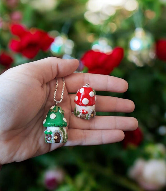 Polymer clay mushroom toadstool pendant jar / cottage core red green clay mushroom necklace / functional necklace / pendant gift