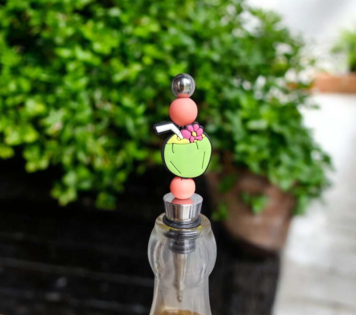 Silicone beaded floral coconut wine stopper / spring summer flower beaded silicone wine stopper top / pineapple tropical wine accessories
