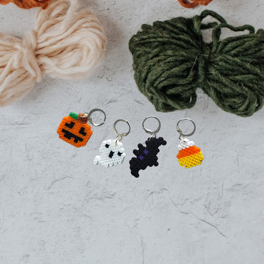 Stitch markers set 4 halloween bundle / pumpkin ghost bat candy corn perler bead set of four halloween cuties progress keeper pixel style