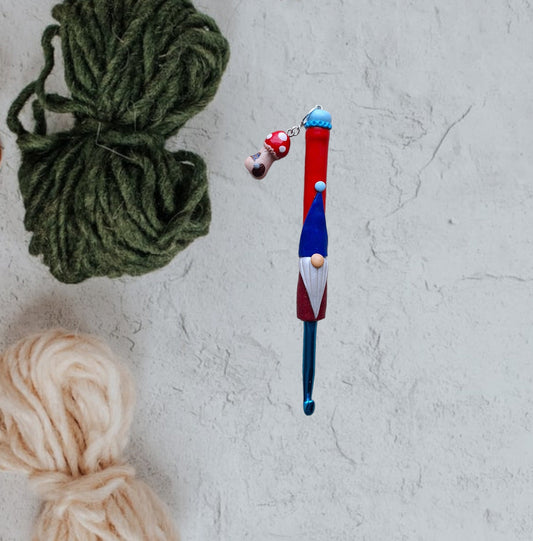 Polymer clay mushroom garden gnome crochet hook