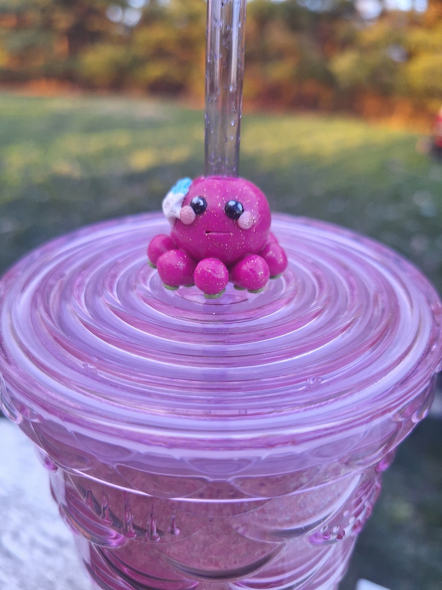 Clay octopus with starfish shell straw buddy charm tumbler accessories / tumbler charm straw buddy / pink octopus squid straw topper charm