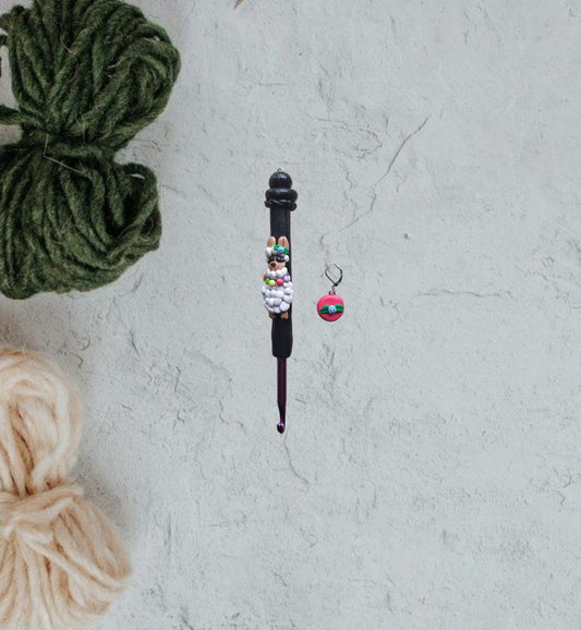 Polymer clay colorful llama crochet hook with stitch marker