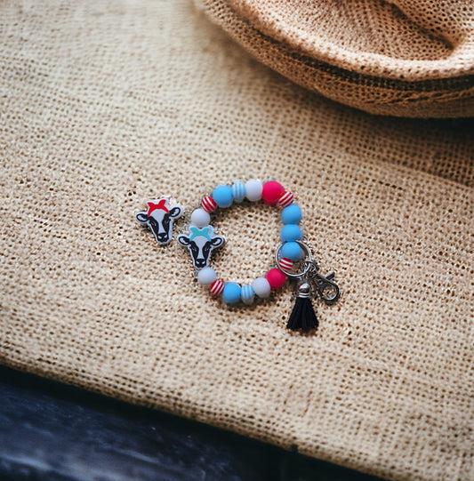 Silicone beaded wristlet keychain / cow with bow red teal silicone beaded wristlet keychain / bows and cows bag accessory key chain gift