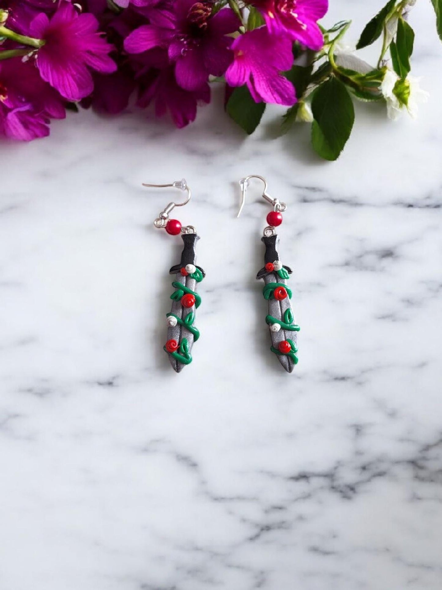 Kawaii clay floral fantasy earrings / polymer rose vine earrings jewelry / clay rose fantasy jewelry