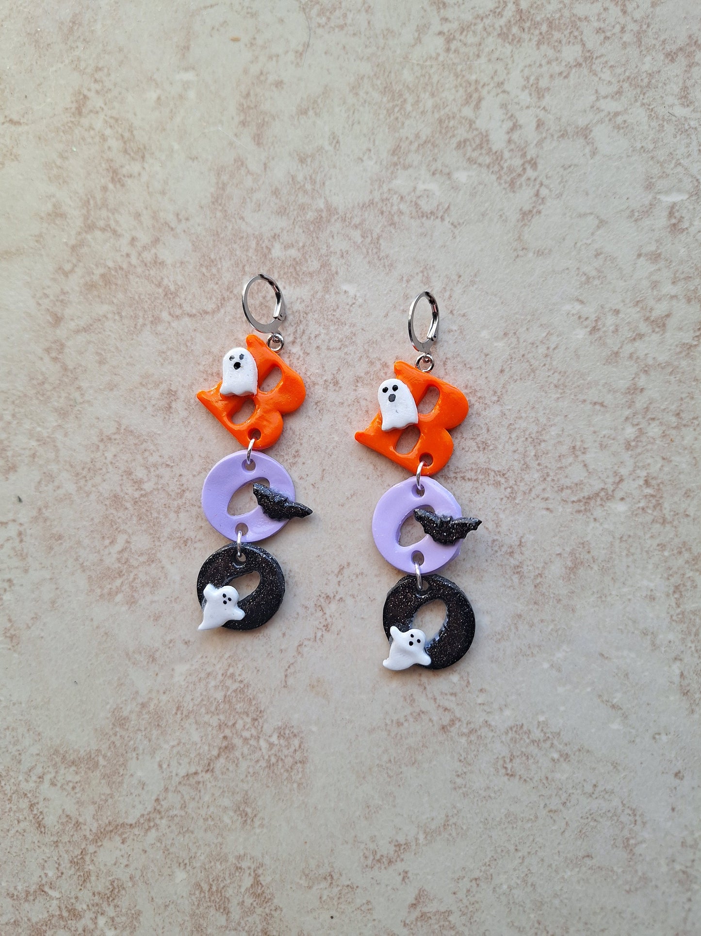 Kawaii clay dangle BOO ghost bat earrings / polymer clay dangle stud earrings / bat ghost Halloween holiday jewelry / boo earrings