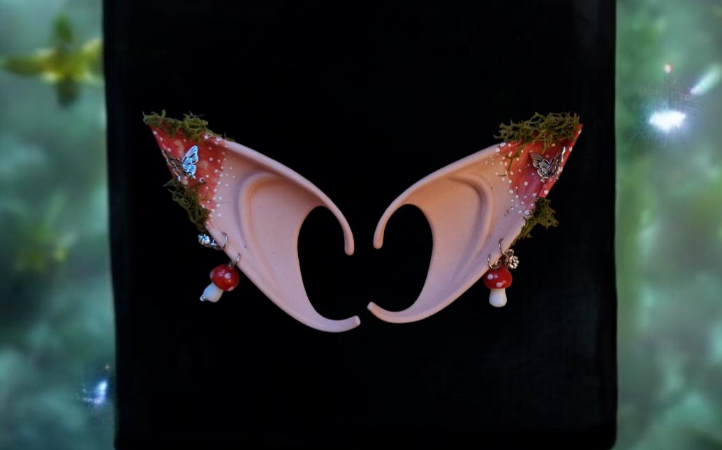 red orange toadstool rubber fairy pixie elf ears / halloween costume accessory cosplay elf ears / painted elf ears with earrings