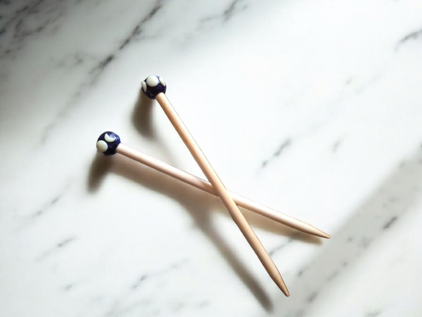 Set of 2 glow moon phase knitting needles / polymer clay knitting needles / decorative glow moon knitting needles accessory