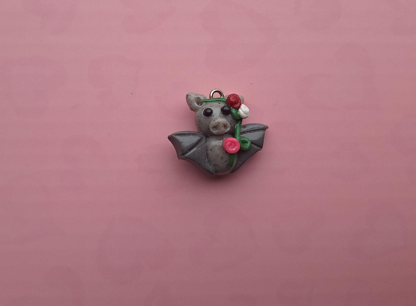 Kawaii floral rose bat charm / polymer clay holiday charms / clay charm jewelry / bat charm stitch marker progress keeper