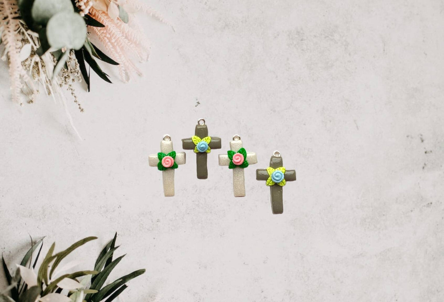 Clay cross with rose charms / polymer clay floral cross charms /  Christian jewelry charms / tiny clay cross charms