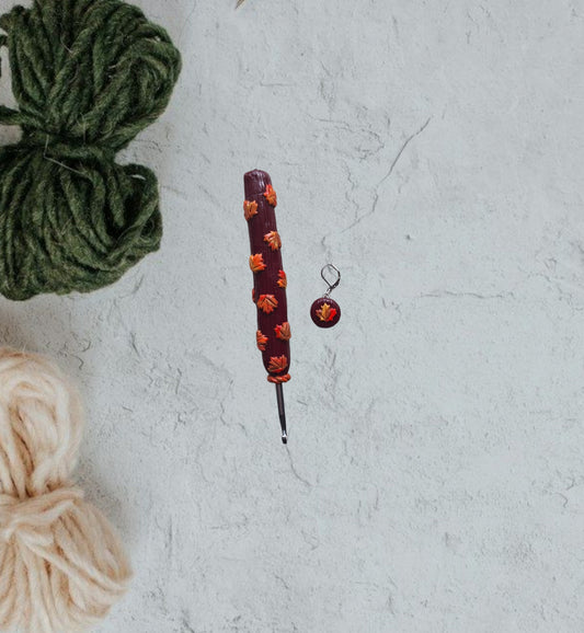 Polymer clay maple leaf fall colorful crochet hook matching stitch marker