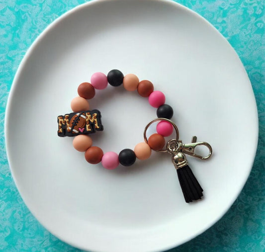 Silicone beaded wristlet keychain / football mom silicone beaded wristlet keychain / leopard print bag accessories key chain