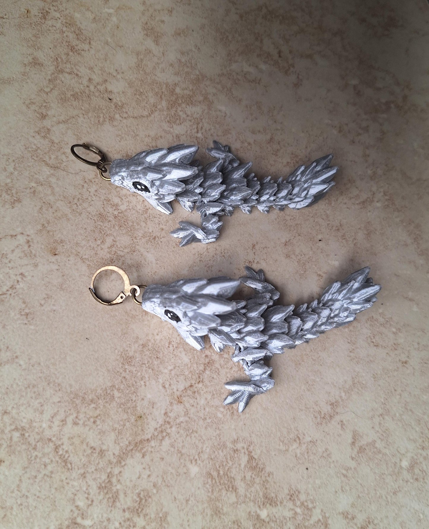 3D articulated silver gemstone tadling dragon earrings / 3d printed earrings / dragon earrings / articulated 3d dragon jewelry