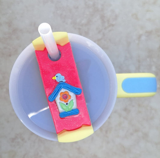 Polymer clay straw tag for stanley tumbler topper / clay tumbler accessories / birdhouse tumbler topper tag / bird house tumbler accessories