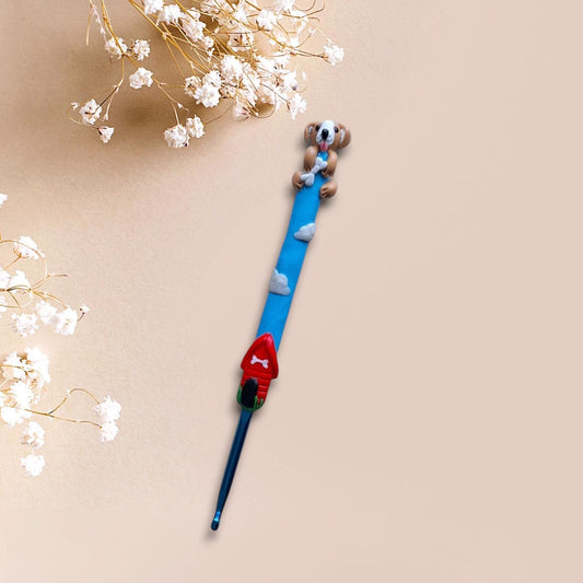 Polymer clay dog clouds red dog house crochet hook