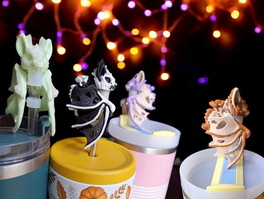 3D articulated hollow black bat straw cap / 3d printed bone bat spooky animals / halloween bat straw topper cover Fidget figurines glow