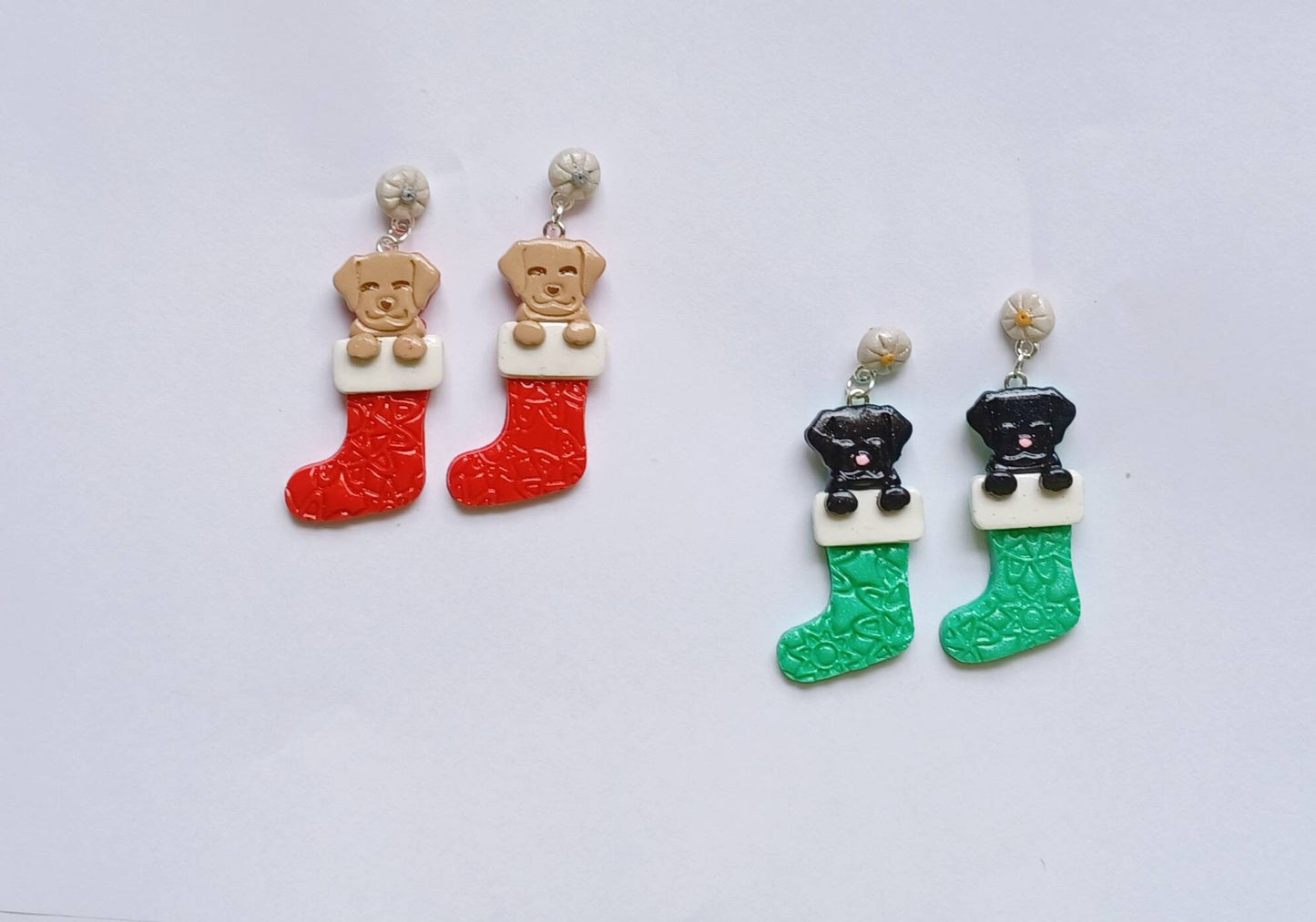 Polymer clay cat puppy dog stocking earrings / polymer clay puppy dog holiday earrings / christmas holiday winter jewelry